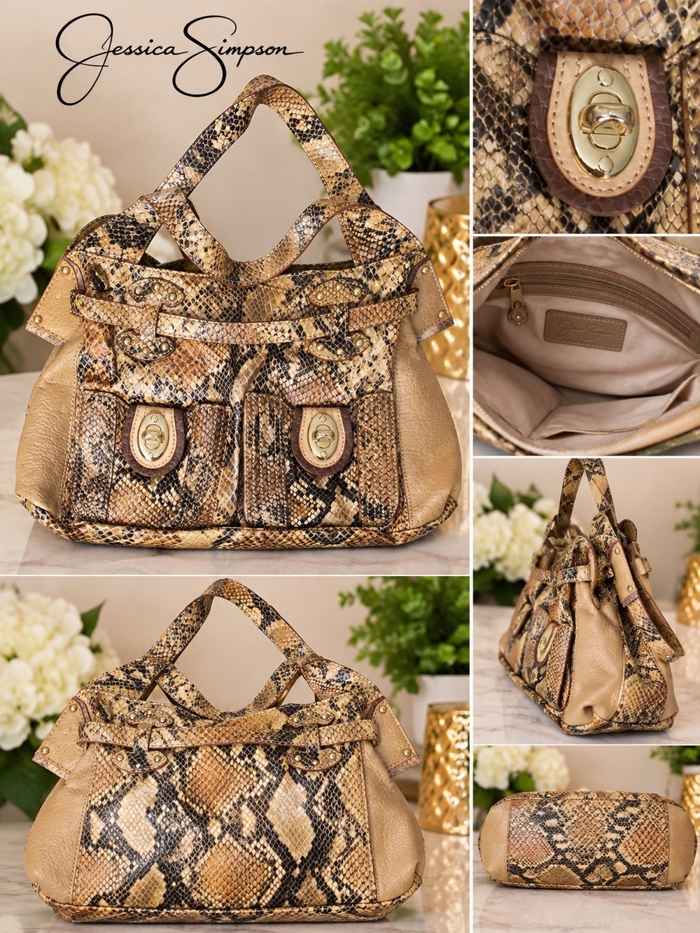 Jessica Simpson Snakeskin Print Satchel Handbag – Tan/Brown